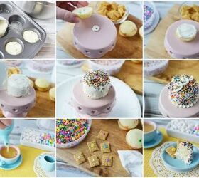 mini fairy cakes tea party, A collage of photos making mini cakes for a fairy tea party