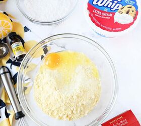 lemon cookies made with cool whip a perfect summer treat, Egg and lemon cake mix in a glass bowl