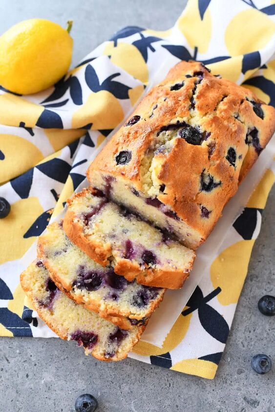 blueberry lemon pound cake loaf, Sliced Lemon Blueberry Pound Cake on a lemon napkin