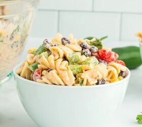 southwest pasta salad, small white bowl filled with southwest pasta salad