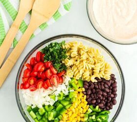 southwest pasta salad, southwest pasta salad ingredients placed in a glass bowl before mixing