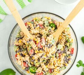 southwest pasta salad, over the top southwest pasta salad with serving fork and spoon inside