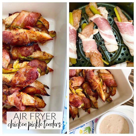 air fryer chicken pickle tenders with pickle sauce, Collage of chicken pickle tenders in a white baking dish and prepped in the air fryer tray
