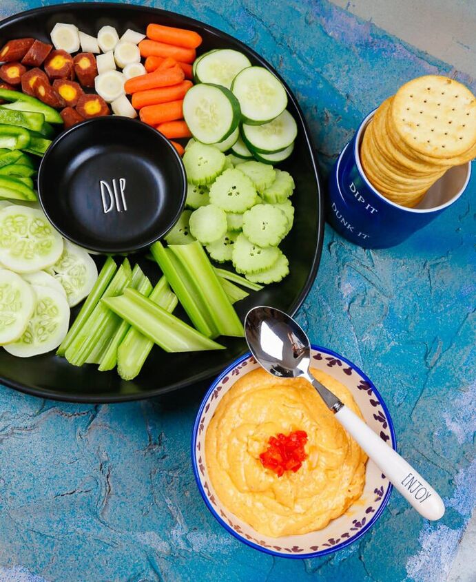 smoked pimento cheese, Get a platter and impress your guests with healthy veggies and this zesty cheese dip that will keep them coming back for more