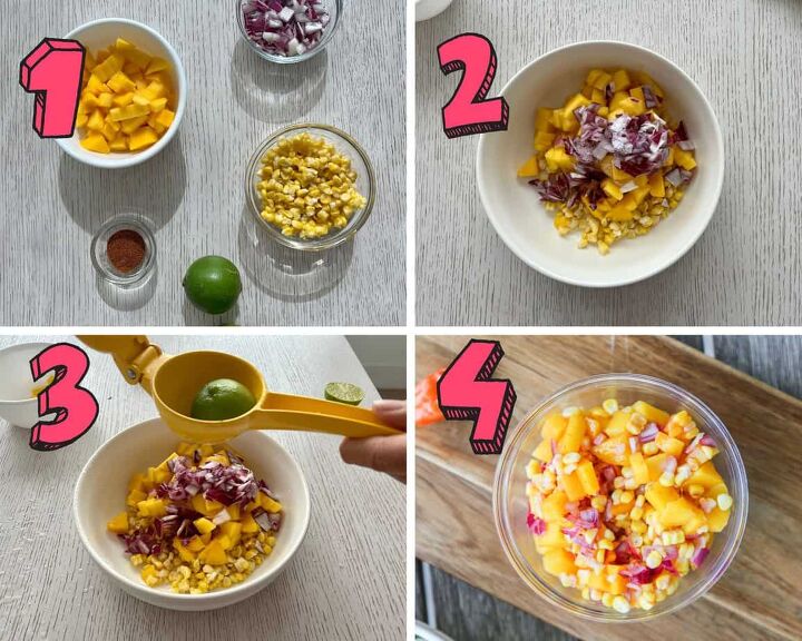 mango corn salsa, process shots showing how to make mango corn salsa