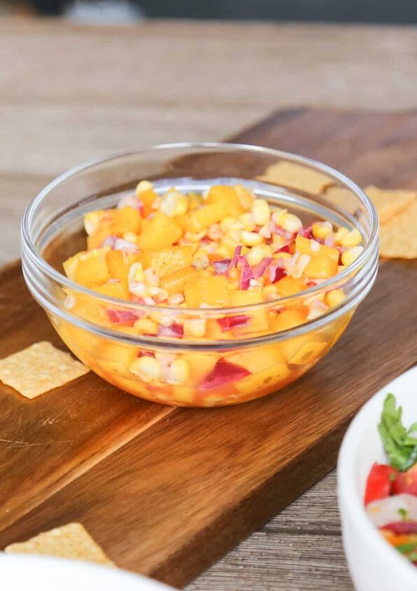 mango corn salsa, mango corn salsa in a glass bowl