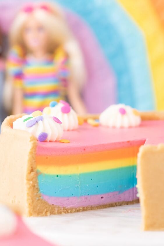 how to make a show stopping barbie no bake rainbow cheesecake, A no bake cheesecake fit for a Barbie party with all the colors of the rainbow