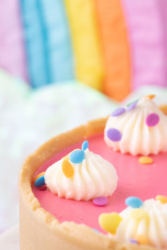 how to make a show stopping barbie no bake rainbow cheesecake, gorgeous peek of rainbow cheesecake for barbie parties