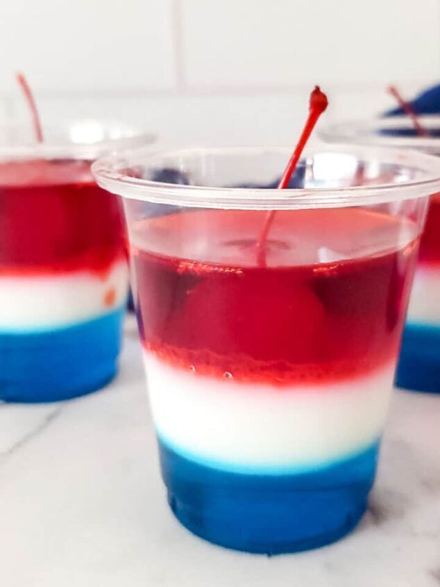 beer cake, Red white and blue layered jello in plastic cups