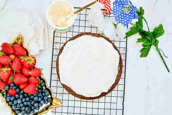 patriotic brownie and fruit fourth of july cake, fourth of july dessert