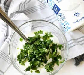 how to make beef chimichanga quick and easy, A glass bowl filled with Greek Yogurt and topped with cilantro