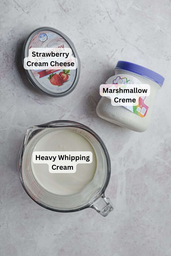 3 ingredient strawberry fluff fruit dip so easy, The ingredients for strawberry fluff are labeled