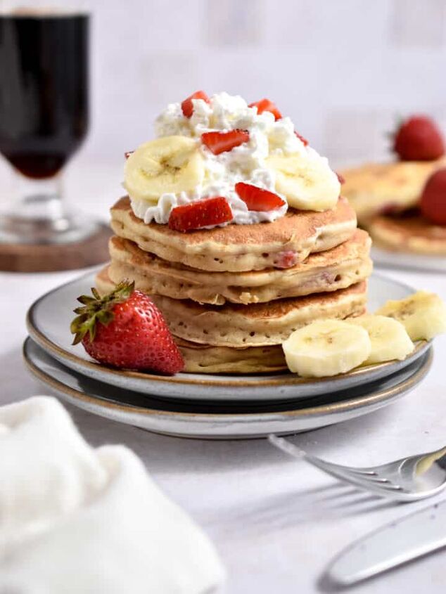 3 ingredient strawberry fluff fruit dip so easy, A straight on shot of the strawberry banana pancakes