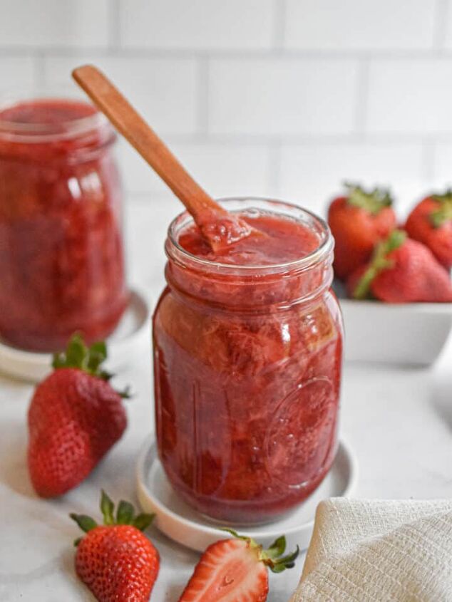 3 ingredient strawberry fluff fruit dip so easy, 3 Ingredient Instant Pot Strawberry jam with a wooden spoon in the mason jar