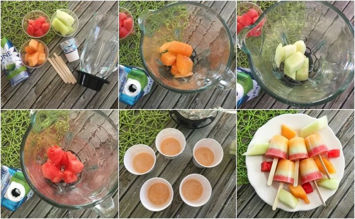 layered triple melon popsicles recipe, Melon in cups and a blender showing steps to make triple melon ice pops