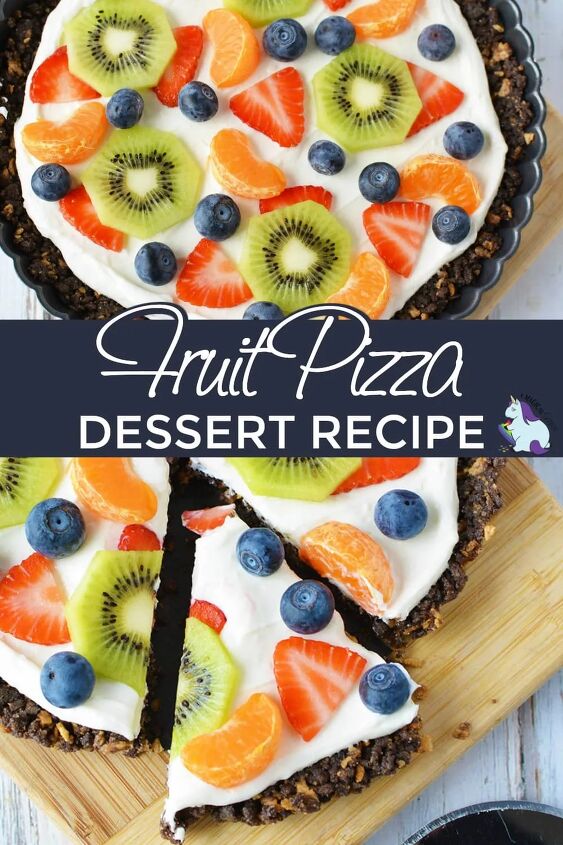 fresh fruit pizza dessert with ice cream cone crust, Fruit pizza in a tart pan and sliced on a cutting board