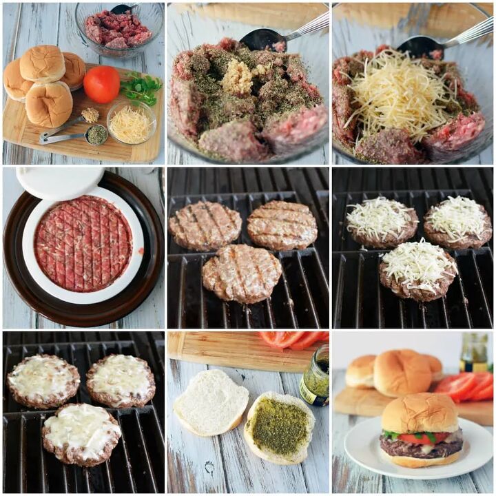 juicy grilled italian burger recipe, Collage of pictures showing the steps to make a grilled Italian burger