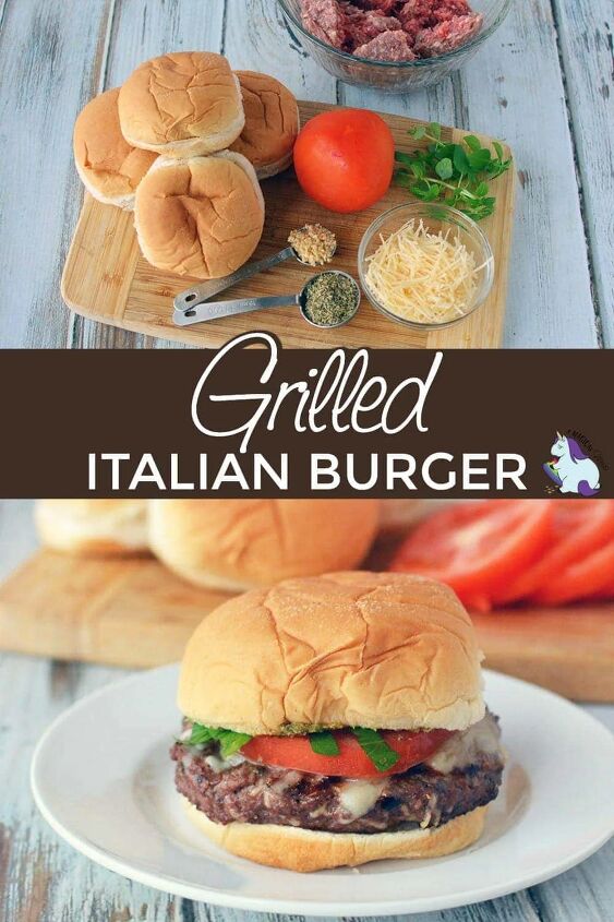 juicy grilled italian burger recipe, Burger ingredients and complete burger with toppings