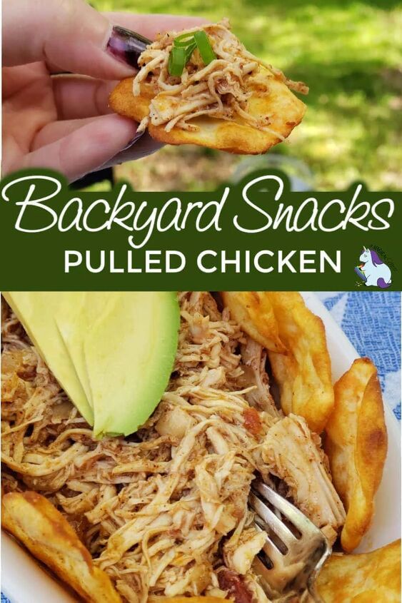 pulled chicken recipe, Holding a chip with shredded chicken on it