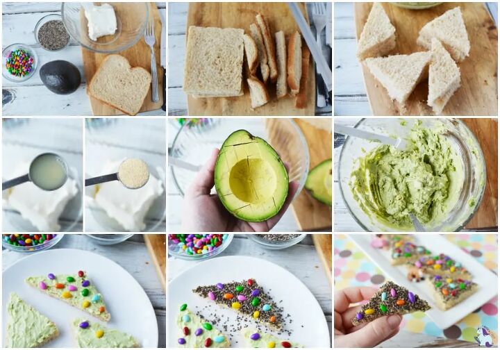 nutritious fairy bread, Bread avocado chia seeds and sunflower seeds in a collage of pictures showing the steps to make fairy bread