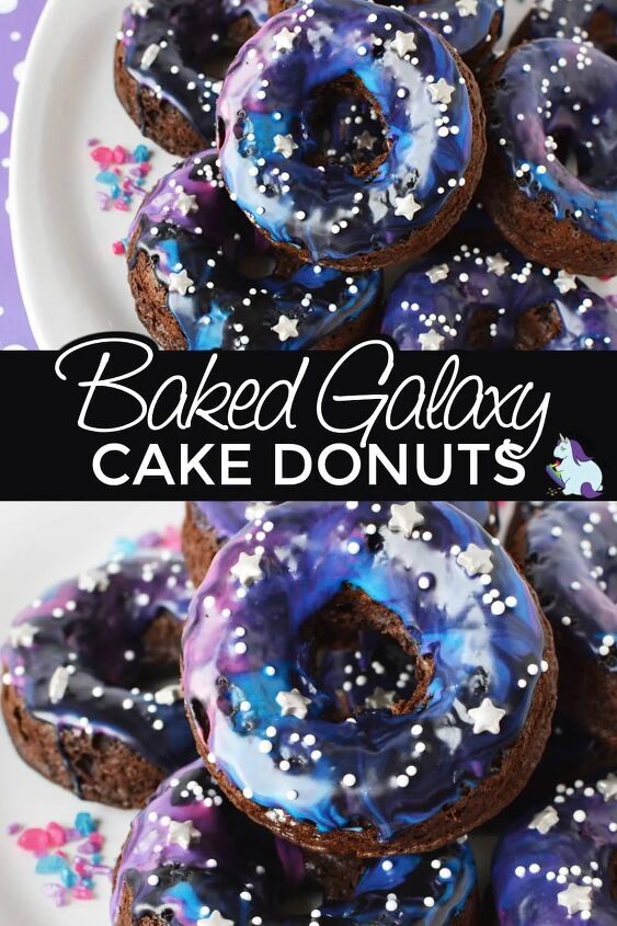 far out baked galaxy cake donuts, Baked cake donuts on a plate Galaxy donuts stacked