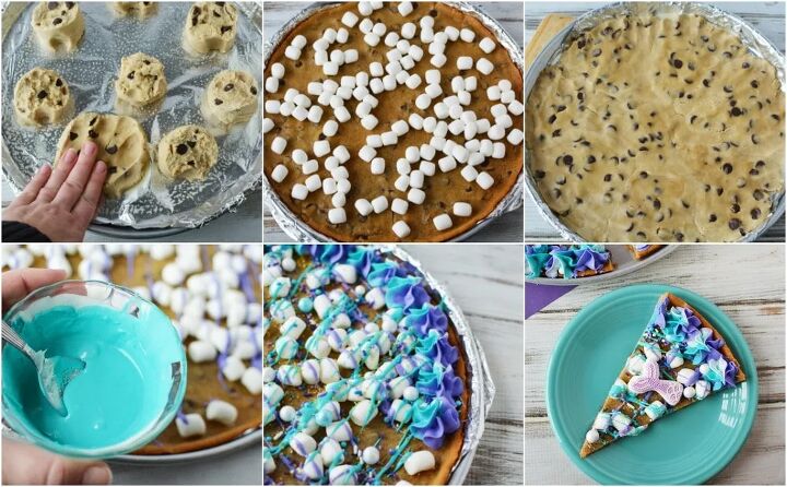 mermaid cookie pizza recipe, Placing cookie dough into a pan and other steps to make a mermaid cookie pizza in a collage