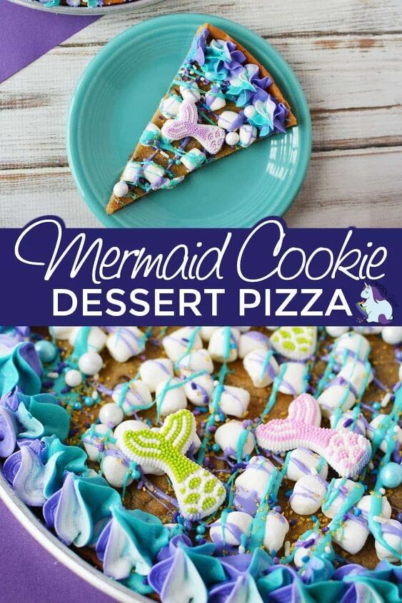 mermaid cookie pizza recipe, Cookie dessert pizza topped with mermaid decorations