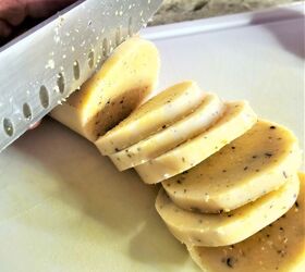 easy delicious baked parmesan polenta chips recipe, slicing polenta into chips