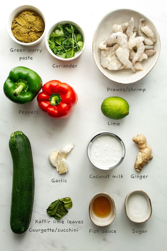 easy 30 minute prawn thai green curry, All recipe ingredients laid out on a white background