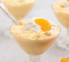 easy mandarin orange dessert with 3 ingredients, pretty mandarin orange pudding dessert in individual vintage glasses served with a spoon