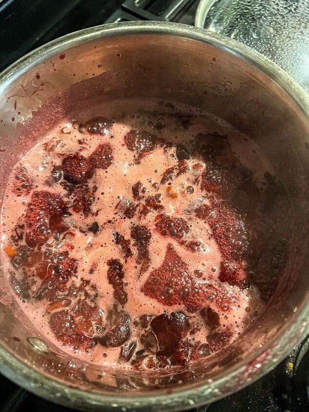 cherry chocolate chip ice cream, simmer the cherries on low heat until the sauce starts to thicken