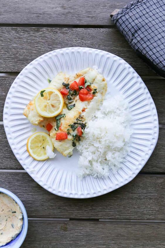 baked greek cod recipe gluten free, greek cod on a plate with rice