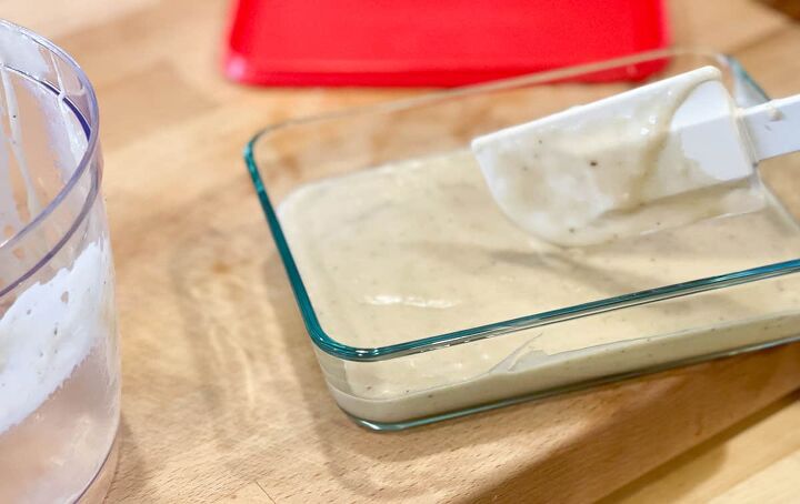 easy and healthy banana ice cream, pouring ice cream mixture in a freezer safe dish