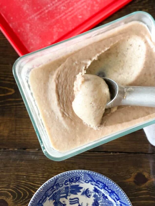 easy and healthy banana ice cream, scooping up a serving of banana ice cream