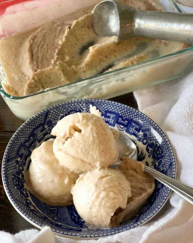 easy and healthy banana ice cream, one serving of ice cream with entire container in the background