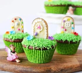 woodland fairy magical door cupcakes, Cupcakes topped with grass frosting and cookies decorated as doors