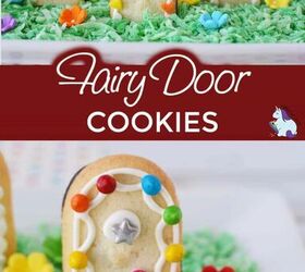 how to make fairy door cookies, Magical Fairy Door cookies sitting on edible grass in a dish with sugar flowers