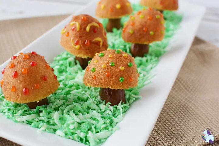 adorable donut fairy toadstool recipe, Little donut holes decorated like toadstools in edible grass on a white plate