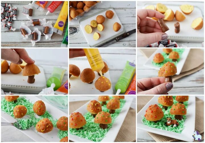 adorable donut fairy toadstool recipe, Tootsie rolls donut holes food coloring and all the steps to make little mushroom treats in a collage
