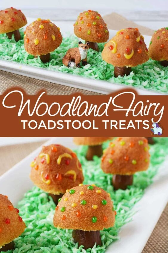 adorable donut fairy toadstool recipe, Woodland fairy Toadstool treats on a plate with edible grass and a fox toy