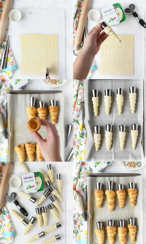 carrot shaped puff pastry appetizers, A grid showing how to make puff pastry carrots