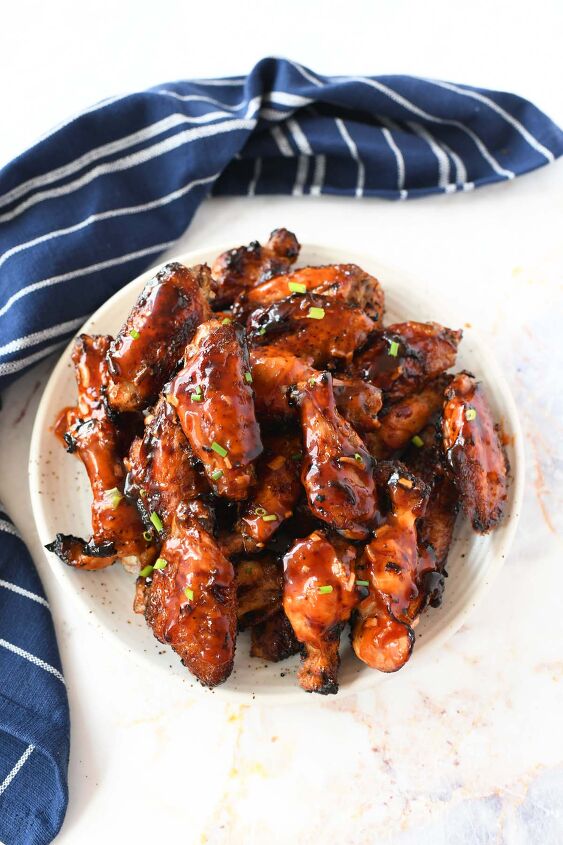 easy apricot sticky wings, Russian Dressing Chicken Wings on a white plate with a blue napkin