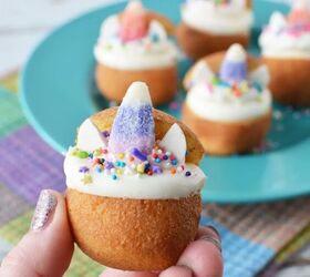cute and easy unicorn donut holes, Donut hole filled with white frosting sprinkles and candy corn