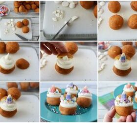 cute and easy unicorn donut holes, Donut holes and candies in a collage of steps to make unicorn donut holes