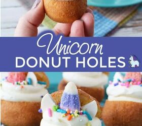 cute and easy unicorn donut holes, Holding a munchkin donut decorated as a unicorn and several unicorn donut holes on a plate