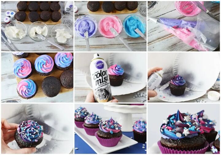 out of this world galaxy cupcakes recipe, Chocolate cupcakes being decorated in a galaxy theme A collage of images showing the steps