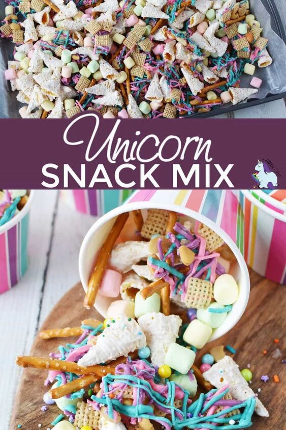 unicorn party snack mix, unicorn snack mix spilling out of striped paper cup