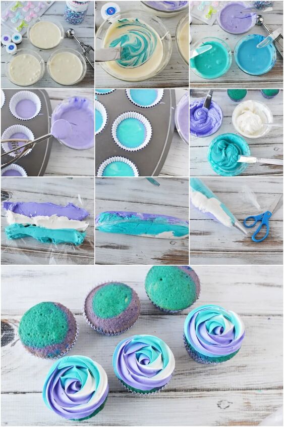 swirly blue and purple mermaid cupcakes, Collage of steps to make mermaid cupcakes Includes swirled cake mix in purple blue and white