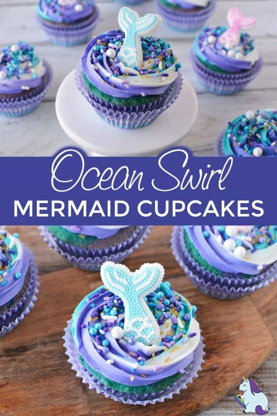 swirly blue and purple mermaid cupcakes, Mermaid cupcakes with a sugary fin topping
