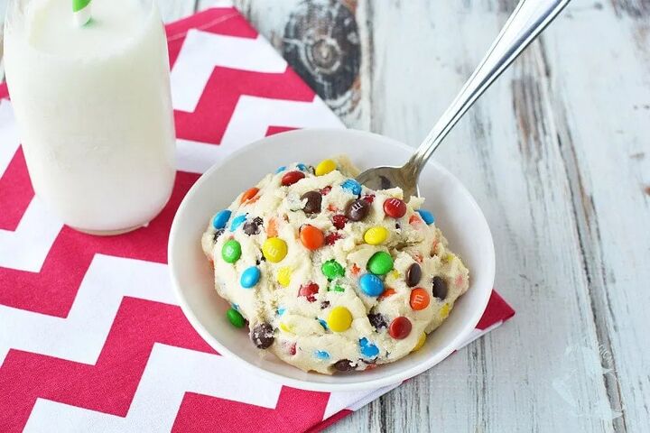 no bake cookie dough with m m candies, Cookie dough in a bowl with a spoon and a glass of milk